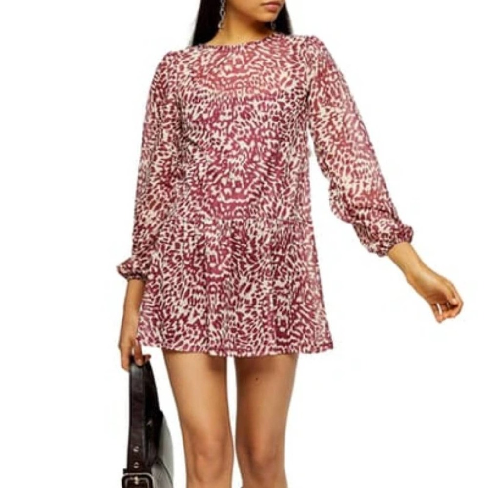 Topshop Animal Print Long Sleeve Sheer Babydoll Minidress NWT size 6